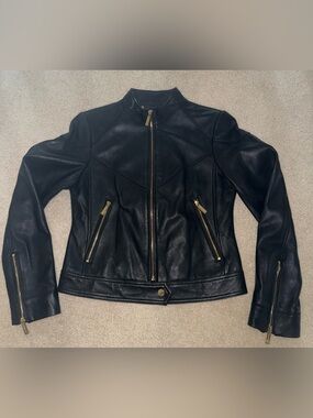 Michael Kors Black Leather Moto Jacket with Gold Hardware S